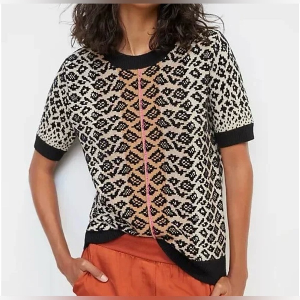 Anthropologie Elinore Short Sleeve Animal Print Wool Blend Sweater Size Small